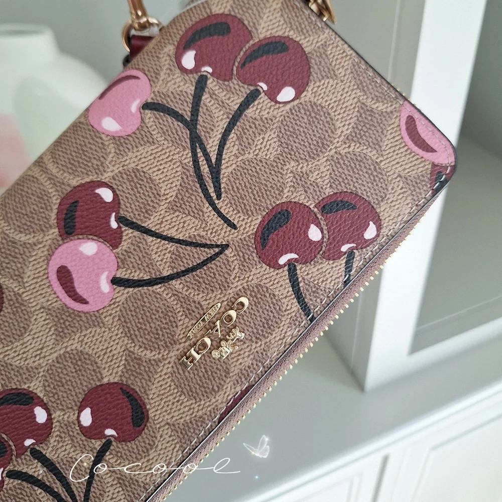 NWT Coach Long Zip Around Wallet In Signature Canvas With Cherry Print CZ328 🍒